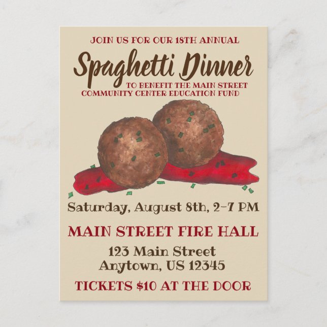 Invitation Carte Postale Italien Meatballs Spaghetti Dîner Charité Événemen (Devant)