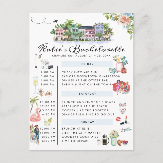 Invitation Carte Postale Itinéraire du week-end de bachelorette | Charlesto (Devant)