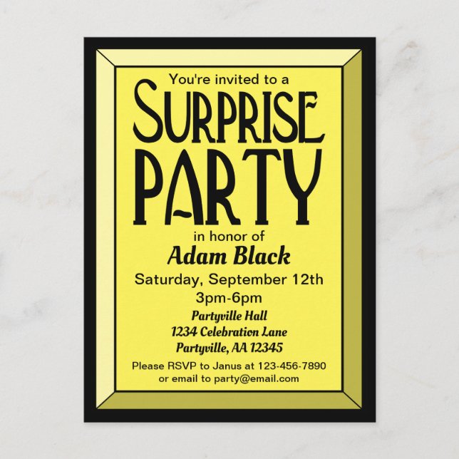 Invitation Carte Postale Jaune Art déco biseauté Anniversaire Surprise Part (Devant)
