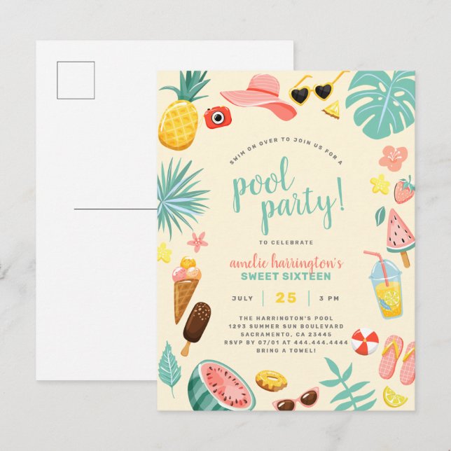 Invitation Carte Postale Jaune | Watermelon Pineappon Tropical Pool Party (Devant / Derrière)