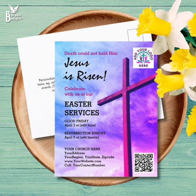 Invitation Carte Postale JESUS IS RISEN Logo QR Code Church Services EASTER (EASTER Postcard Invitation for your church services. Customizable text with logo and QR code)