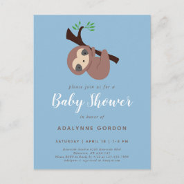 Invitation Carte Postale Joli Baby shower Sloth Boy Blue Calligraphy Invita
