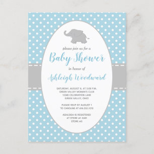 Invitation Carte Postale Joli Eléphant bleu Polka Baby shower garçon