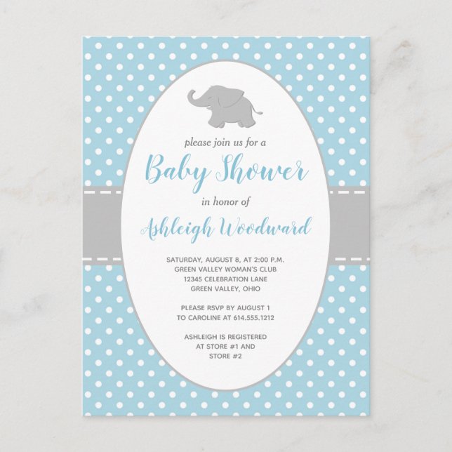 Invitation Carte Postale Joli Eléphant bleu Polka Baby shower garçon (Devant)