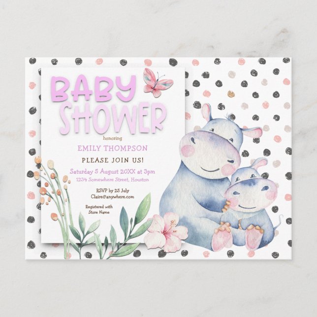 Invitation Carte Postale Joli Hippopotame Pois Baby shower rose (Devant)