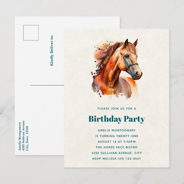 Invitation Carte Postale Joli portrait de cheval alezan pour anniversaire (Devant / Derrière)