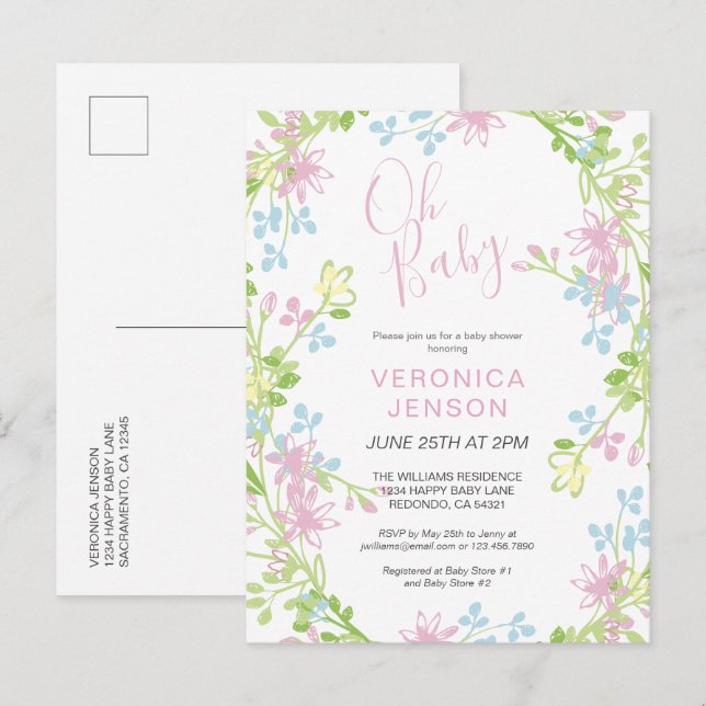 Invitation Carte Postale Joli rose Floral Oh Baby Girl Baby shower (Devant / Derrière)