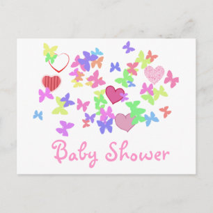 Invitation Carte Postale jolie baby shower papillons roses et coeurs