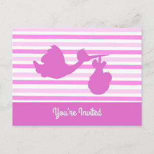 Invitation Carte Postale Jolie fille Baby shower rose rayé avec la cigogne