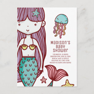 Invitation Carte Postale Jolie Mignonne Jolie Sirène & Méduse Baby Shower