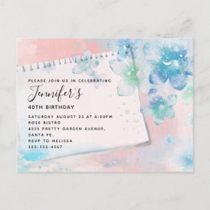 Invitation Carte Postale Jolies fleurs bleues sur rose Arrière - plan Anniv