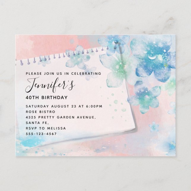 Invitation Carte Postale Jolies fleurs bleues sur rose Arrière - plan Anniv (Devant)