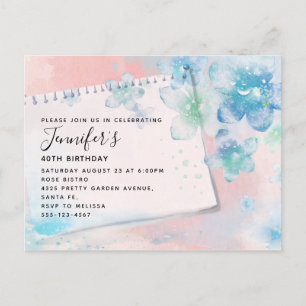 Invitation Carte Postale Jolies fleurs bleues sur rose Arrière - plan Anniv