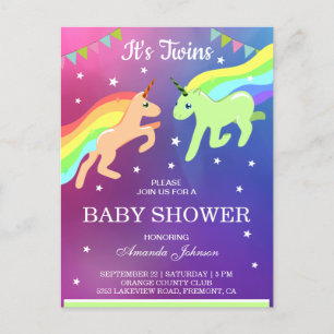 Invitation Carte Postale Jolis jumeaux licorne Baby Shower