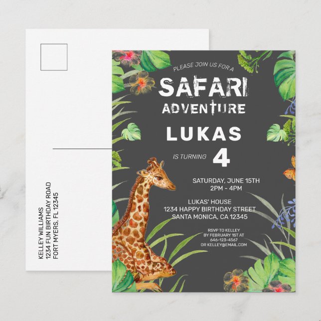 Invitation Carte Postale Jote Boys Jungle Safari Giraffe Anniversaire (Devant / Derrière)
