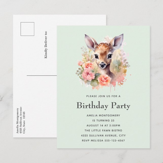 Invitation Carte Postale Jote Cerf Entouré D'Anniversaire Rose (Devant / Derrière)
