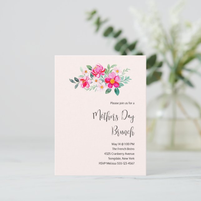 Invitation Carte Postale Jouer Jolie Fleurs Roses Fête des Mères Brunch (Debout devant)