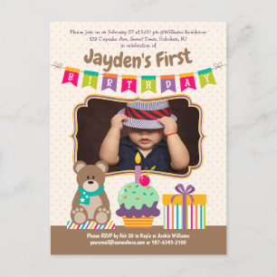 Invitation Carte Postale Joyeux 1er anniversaire Nounours Cupcake Bunting P
