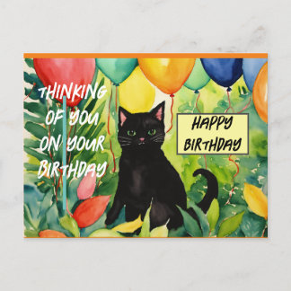 Invitation Carte Postale Joyeux anniversaire : chat noir ouvrant une fête d