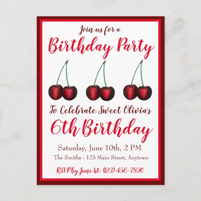 Invitation Carte Postale Joyeux Anniversaire Douce Cerise Bing Cerises Frui (Devant)