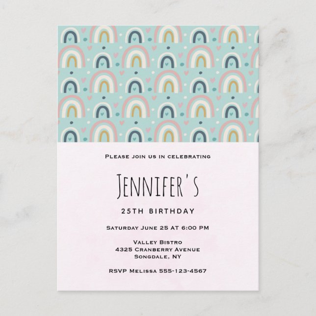 Invitation Carte Postale Joyeux Anniversaire Motif Arc-en-ciel Mignon et Fa (Devant)
