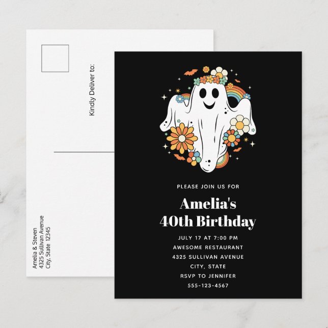 Invitation Carte Postale Joyeux Ghost Retro Hippie Vibe Anniversaire (Devant / Derrière)
