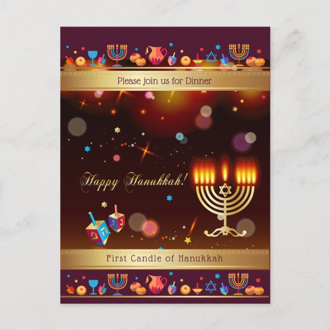 Invitation Carte Postale Joyeux Hanoukka Party Gold Hanukkiah (Devant)