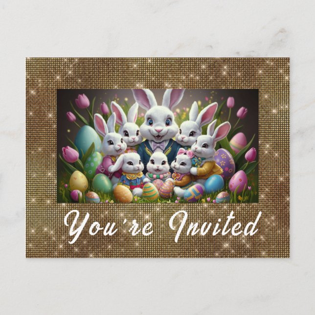Invitation Carte Postale *~* Joyeux Lapin de Pâques  Fleurs Œufs TVi (Devant)