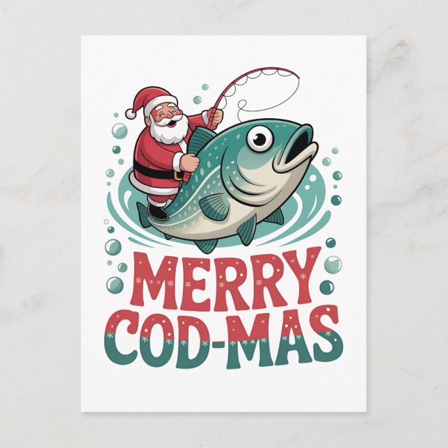 Invitation Carte Postale Joyeux Noël de pêche Santa Claus Noël de poissons  (Devant)