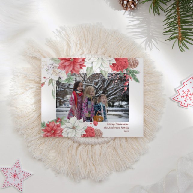 Invitation Carte Postale Joyeux Noël Gnome Holiday Floral Photo (Créateur téléchargé)