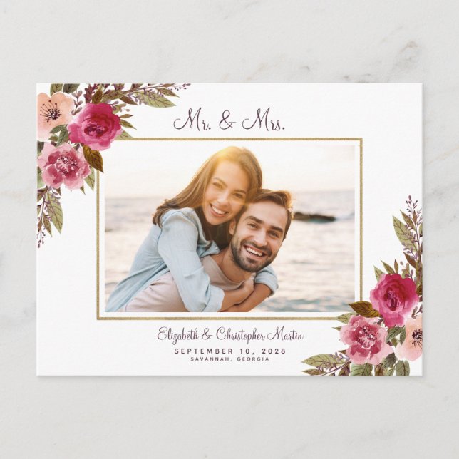 Invitation Carte Postale Juste Marié Elopement Photo Violet Floral Élégant (Devant)