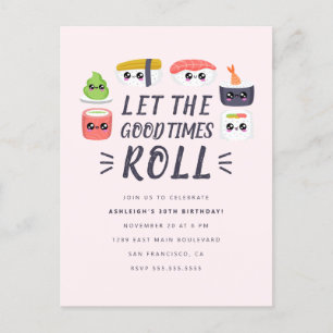 Invitation Carte Postale Kawaii Sushi Rolls fête d'anniversaire