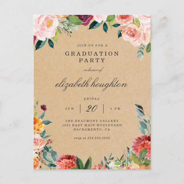 Invitation Carte Postale Kraft Burgundy Blush Pink Floral Graduation Party (Devant)