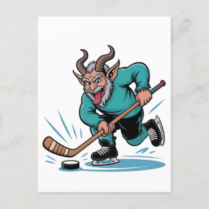 Invitation Carte Postale Krampus maléfique jouant au hockey sur glace Sport