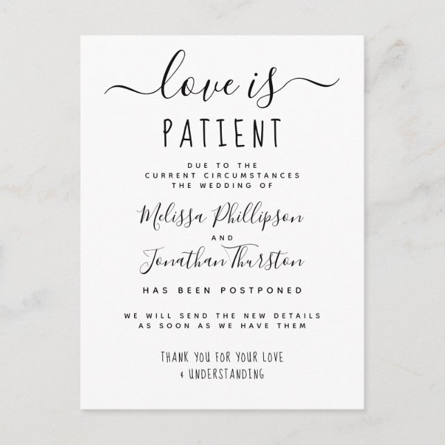 Invitation Carte Postale L'amour est patient, élégant mariage retardé (Devant)