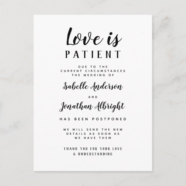 Invitation Carte Postale L'amour est patient Mariage élégant ajourné (Devant)