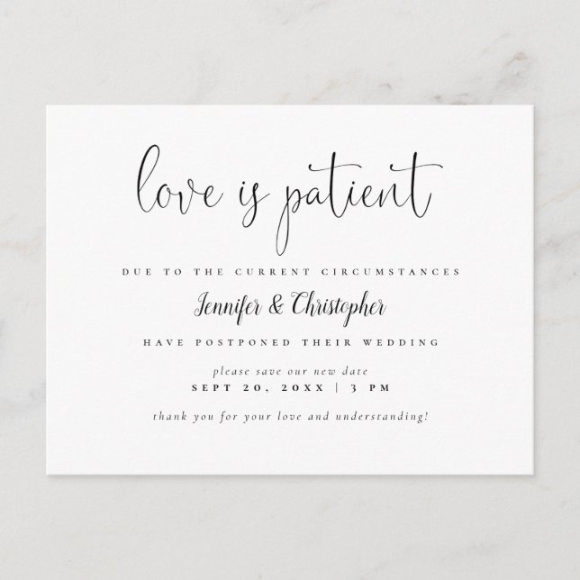 Invitation Carte Postale L'amour est patient Report de mariage Script B&W (Devant)