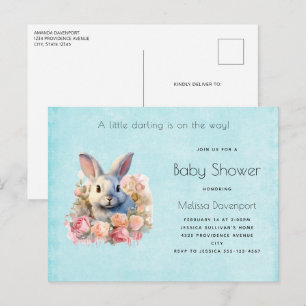Invitation Carte Postale Lapin avec une guirlande de roses Joyeux Anniversa