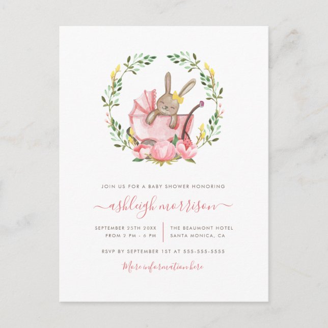 Invitation Carte Postale Lapin Dormir Dans Buggy | Baby shower fille (Devant)