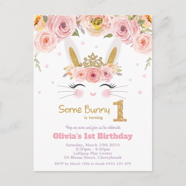 Invitation Carte Postale Lapin mignon 1er Anniversaire Floral rose (Devant)