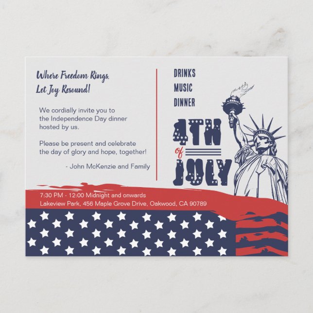 Invitation Carte Postale L'appel de la liberté à célébrer 4 juillet (Devant)