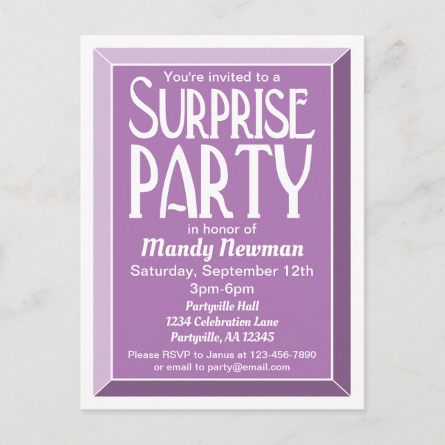 Invitation Carte Postale Lavande Art Déco Anniversaire Surprise Party (Devant)