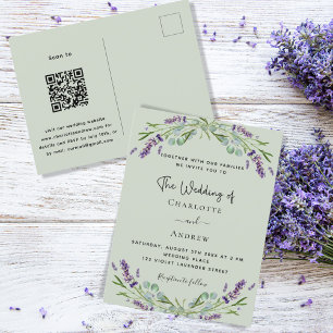 Invitation Carte Postale Lavande vert fleurie sauge vert QR mariage