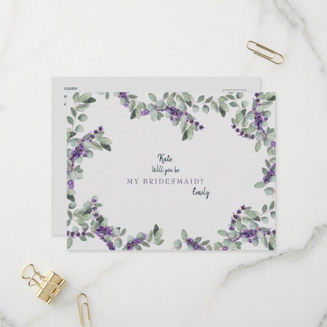 Invitation Carte Postale Lavender Grey Mariage Serez-Vous Ma Servante D'Épo (Devant/Arrière en situation)