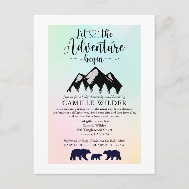 Invitation Carte Postale L'aventure commence Ours rustiques Baby shower par (Devant)