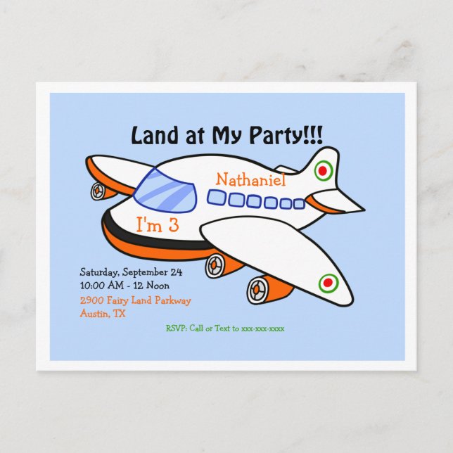 Invitation Carte Postale L'avion atterrit à mon anniversaire Blue II Party (Devant)