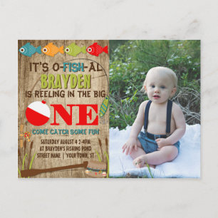 Invitation Carte Postale Le Big One Fishing Theme Garçons 1er anniversaire