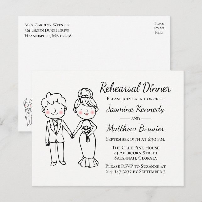 Invitation Carte Postale Lève de mariée de dessin noir blanc Mariage répéti (Devant / Derrière)