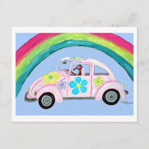 Invitation Carte Postale Lévrier en voiture hippie avec arc-en-ciel