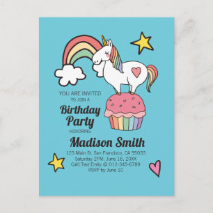 Invitation Carte Postale Licorne Arc-en-Ciel Anniversaire Étoiles Cœurs Mig